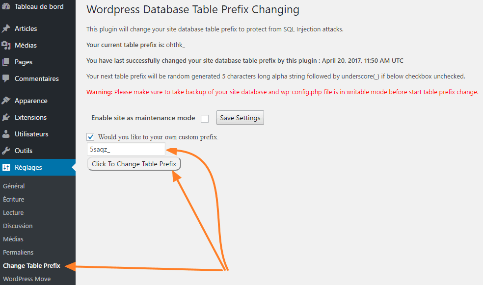 Plugin Change Table Prefix — modification du préfixe de table dans wp-config.php