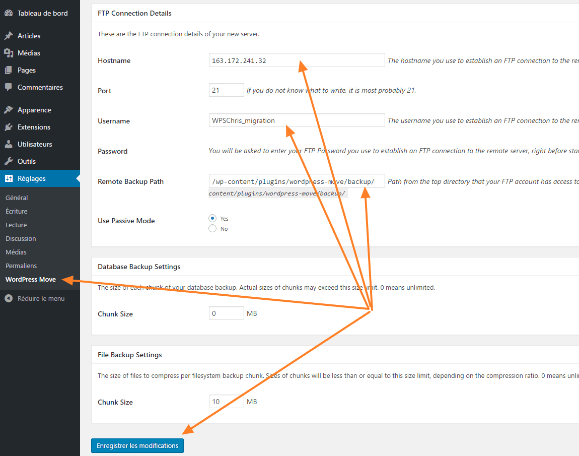 Plugin WordPress Move — formulaire de configuration avec IP serveur et identifiants