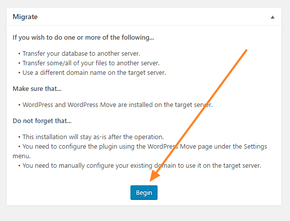 Plugin WordPress Move — Migration Assistant avec bouton Begin pour démarrer