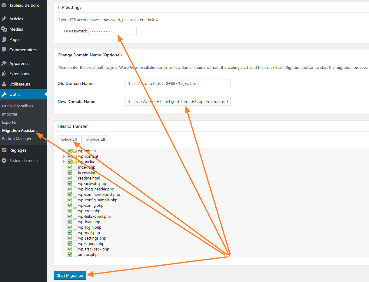 Plugin WordPress Move — sélection des dossiers et fichiers WordPress à migrer