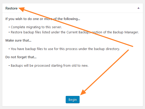 Plugin WordPress Move — option Restore dans Migration Assistant du site cible