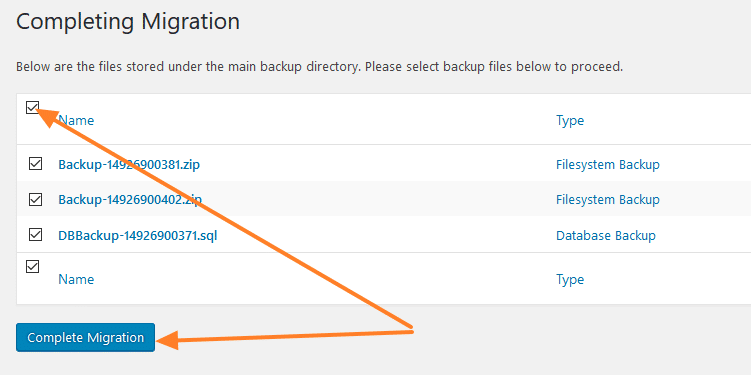 Plugin WordPress Move — sélection des trois fichiers pour finaliser la migration