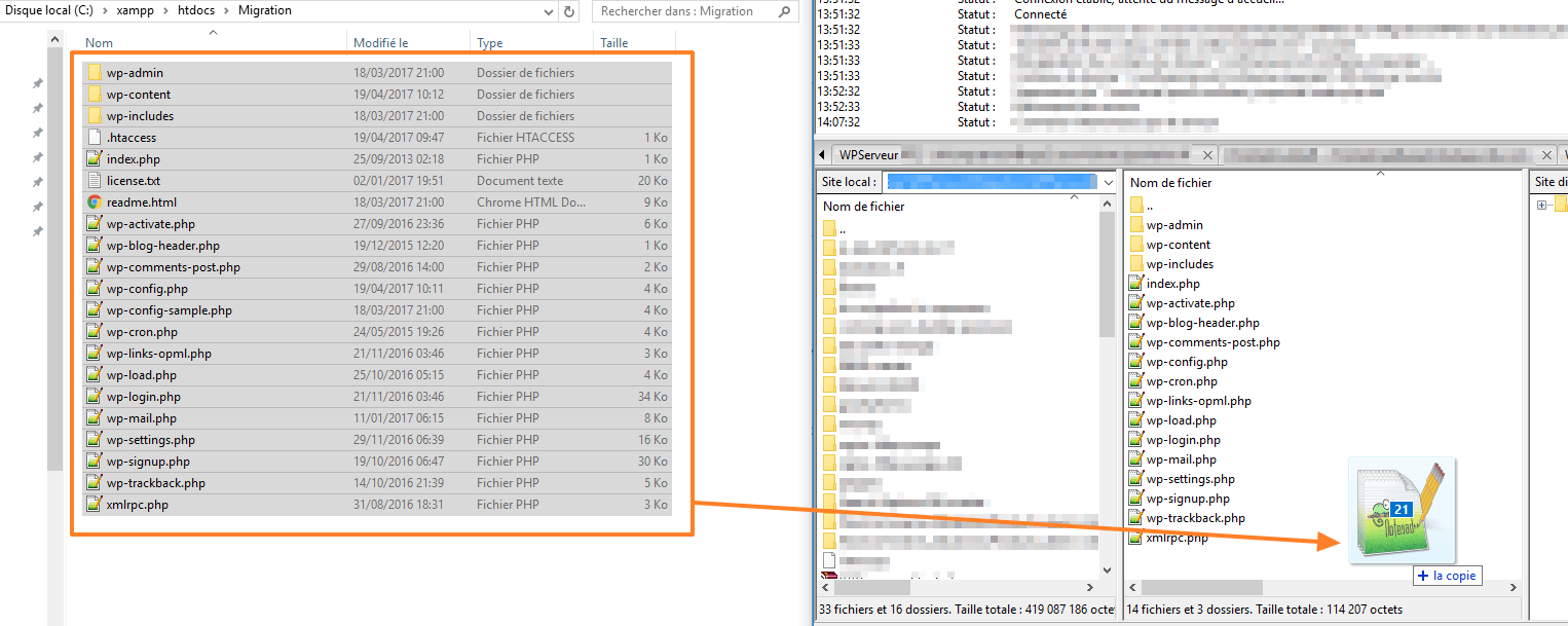FileZilla — glisser-déposer des fichiers WordPress vers le serveur FTP