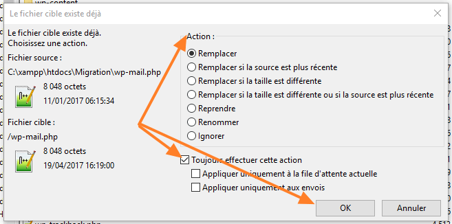 FileZilla — boîte de dialogue Remplacer lors du transfert des fichiers WordPress