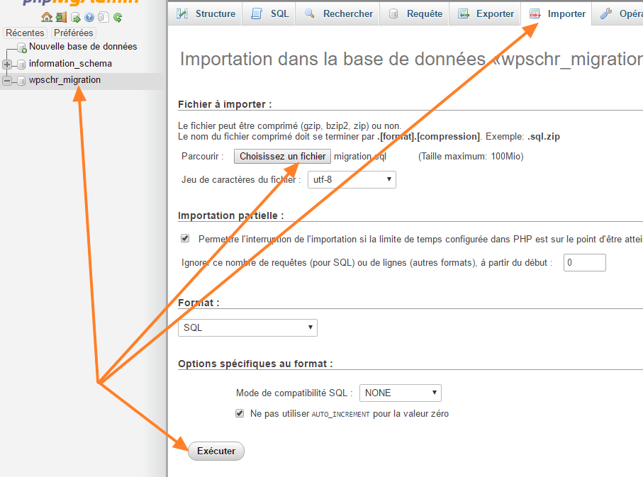 PhpMyAdmin hébergeur — onglet Importer pour charger le fichier SQL de la migration