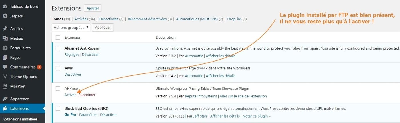 activer plugin wordpress FTP comment installer un plugin WordPress