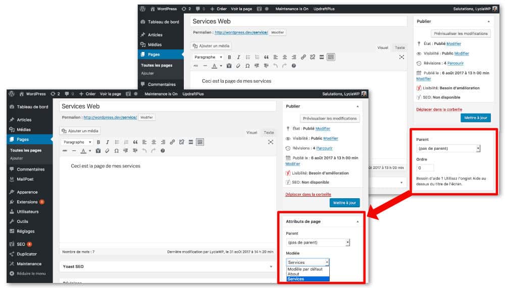 Sélection du nouveau modèle de page