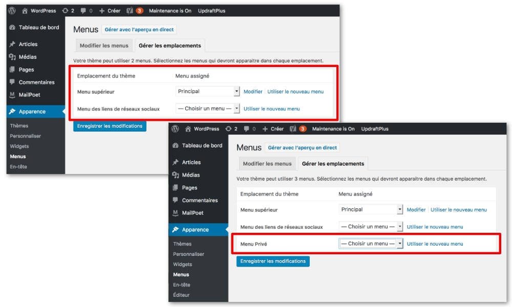 Gérer les emplacements du menu