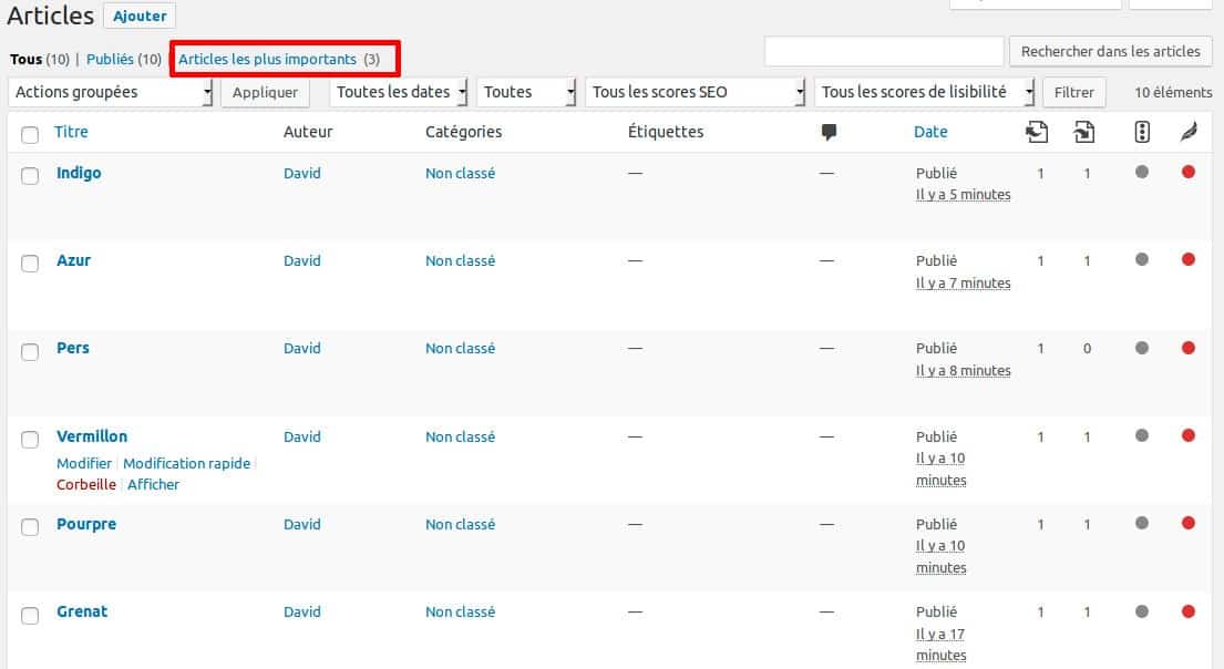 Cornerstone Yoast SEO - Filtrer les articles importants