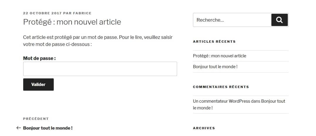 article WordPress protege par mot de passe