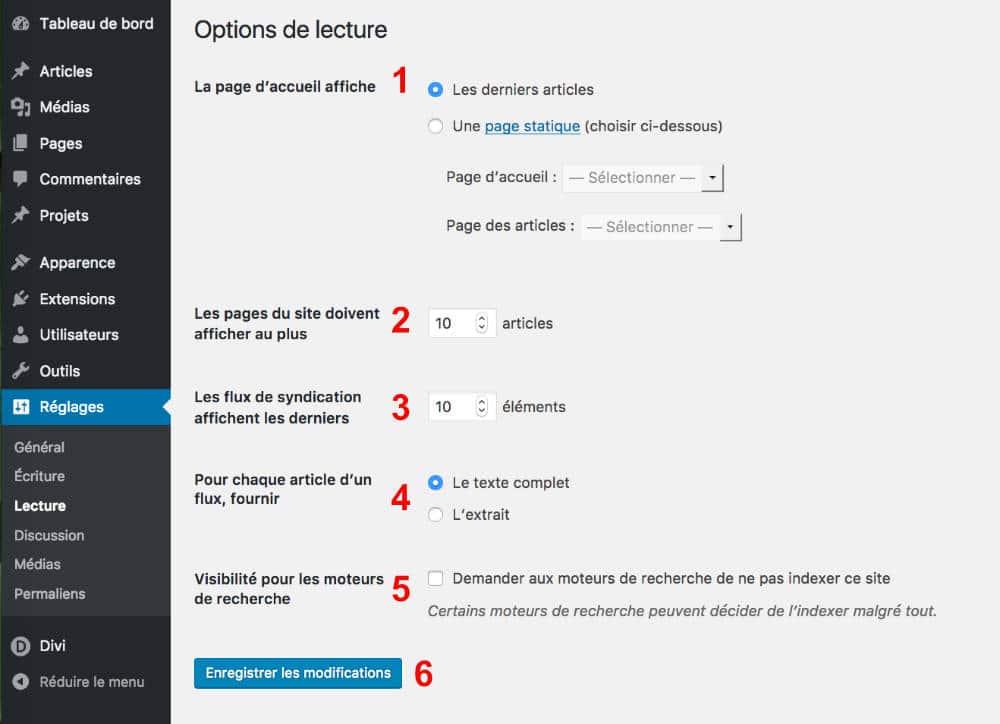 Les réglages de WordPress : onglet Lecture