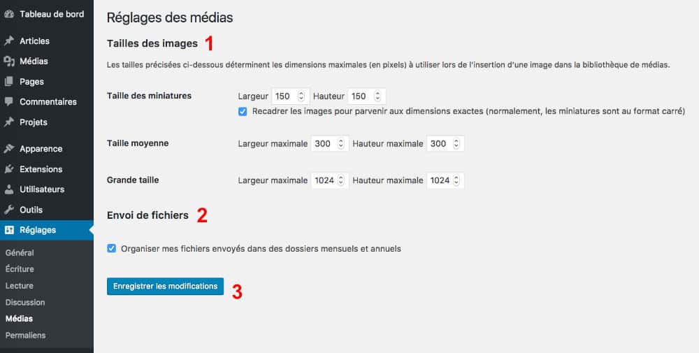 Les réglages de WordPress : onglet Médias