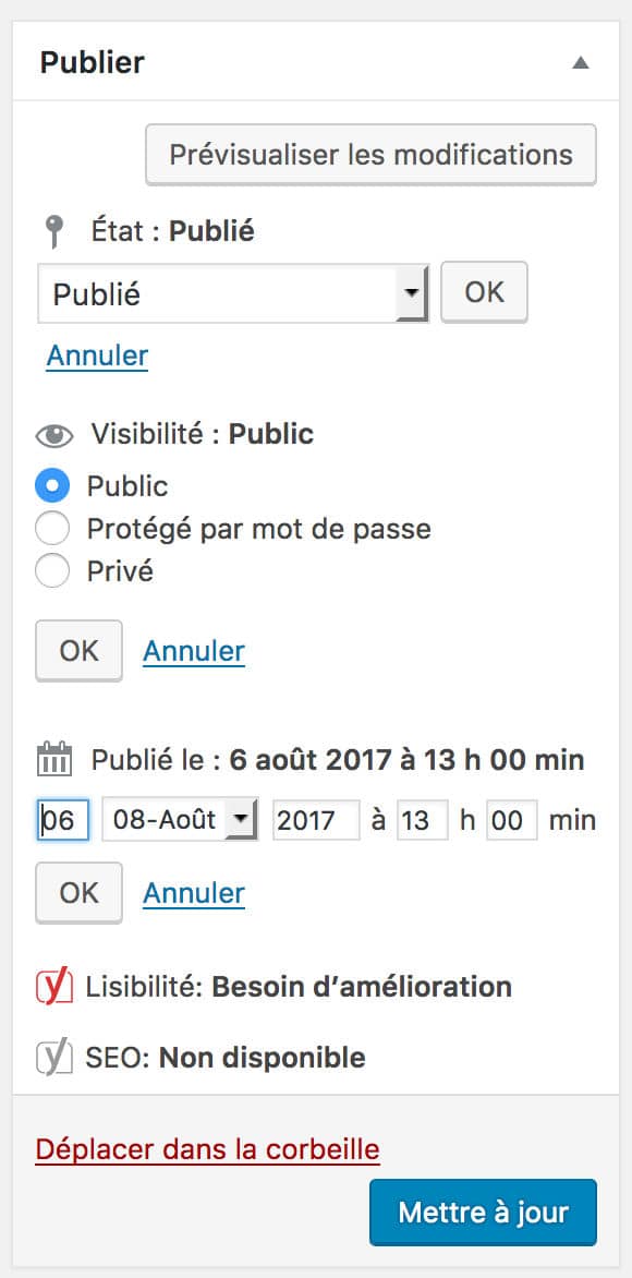 Encart "Publier" dans une Page WordPress