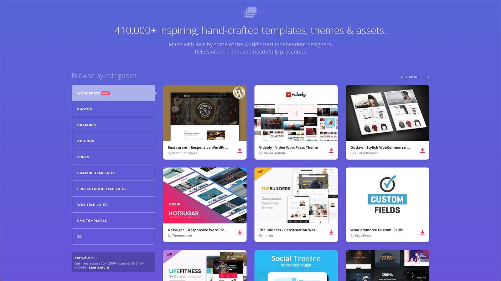La page de contenus WordPress de Envato Elements