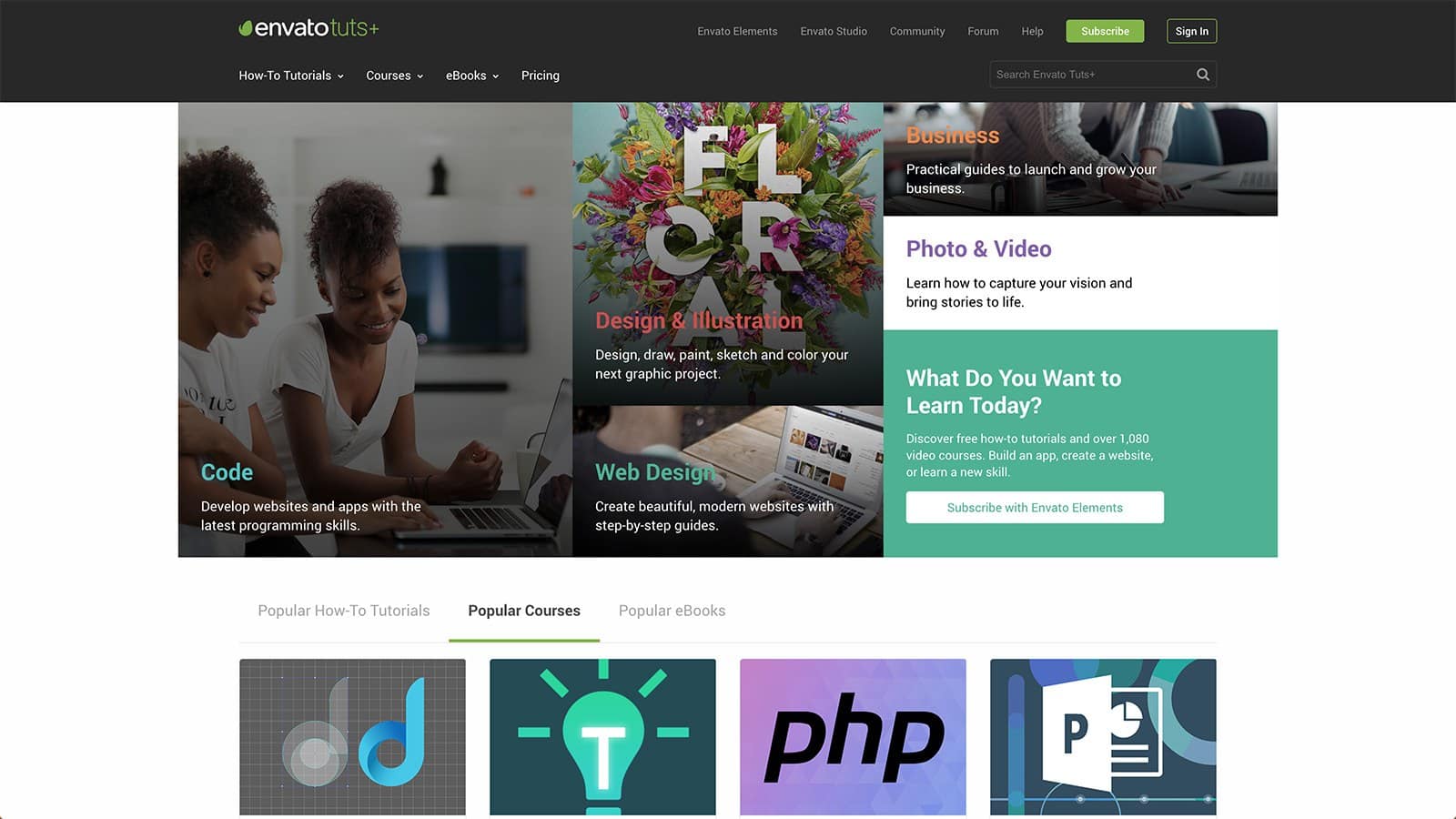 La plateforme de cours en ligne Tuts+ accessible gratuitement via Envato Elements