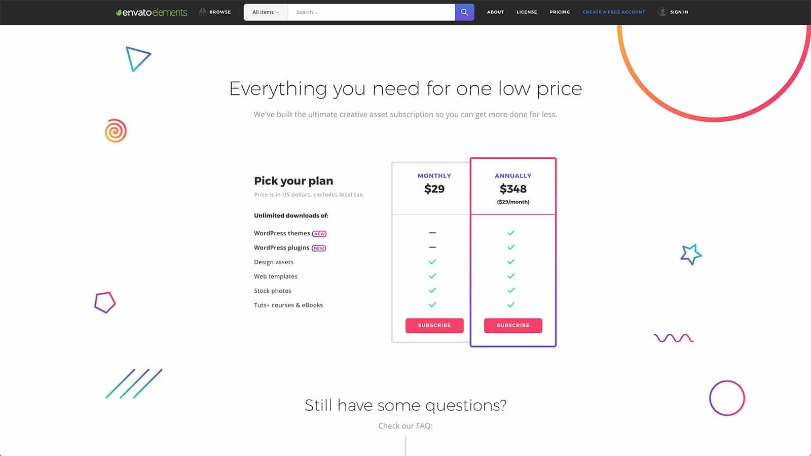 Les deux formules d'abonnement à Envato Elements