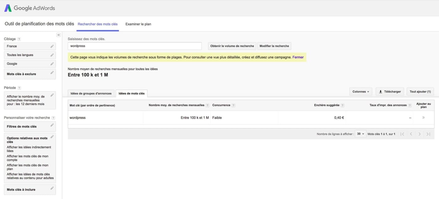 10 outils pour faciliter WordPress - Google Keyword Planner