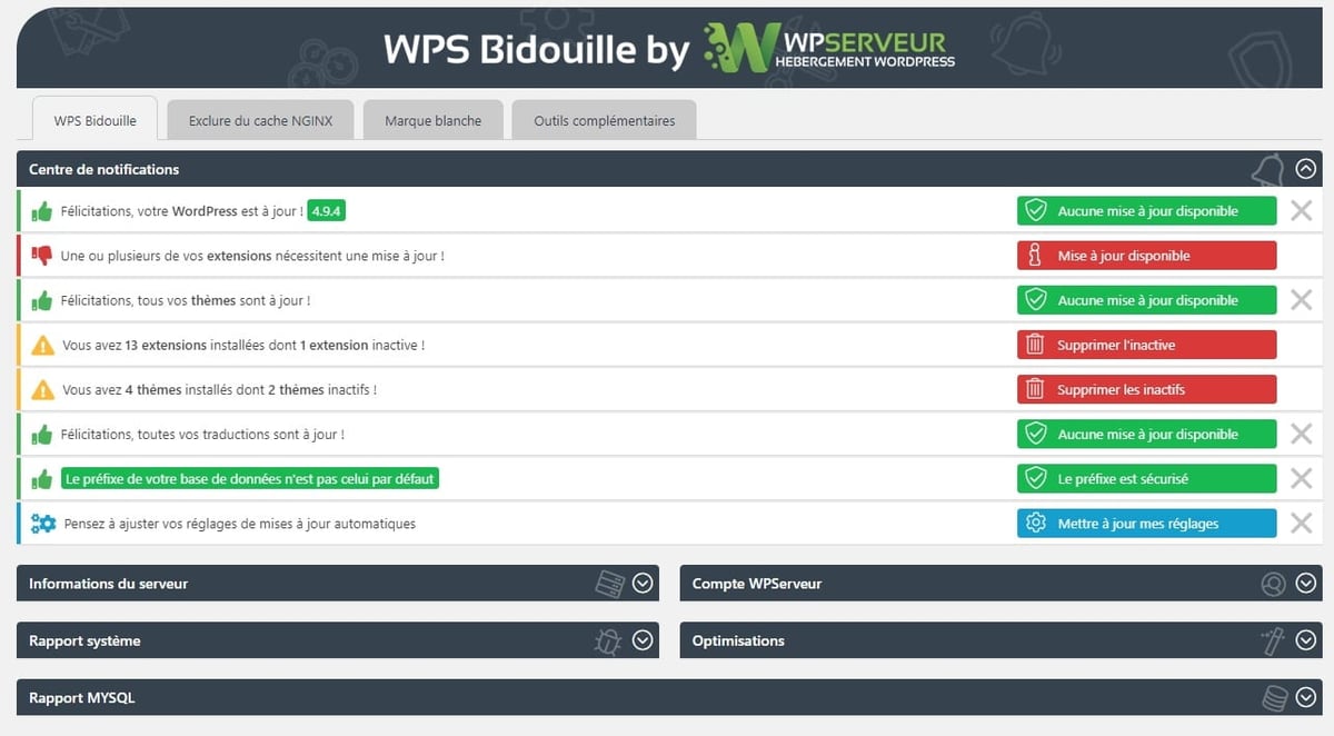 Interface du plugin WPS Bidouille avec son centre de notifications qui vérifie les mises à jour WordPress, les plugins inactifs et la sécurité de la base de données