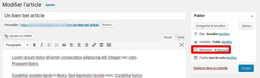Interface de comparaison des révisions WordPress avec slider