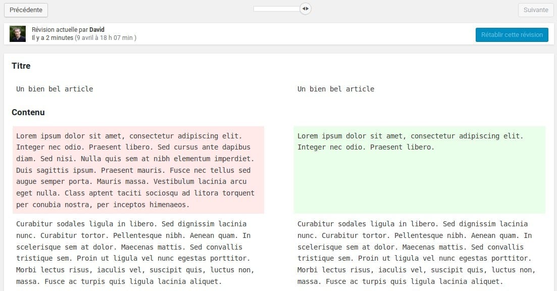 Écran de comparaison des révisions WordPress avec texte ajouté et supprimé