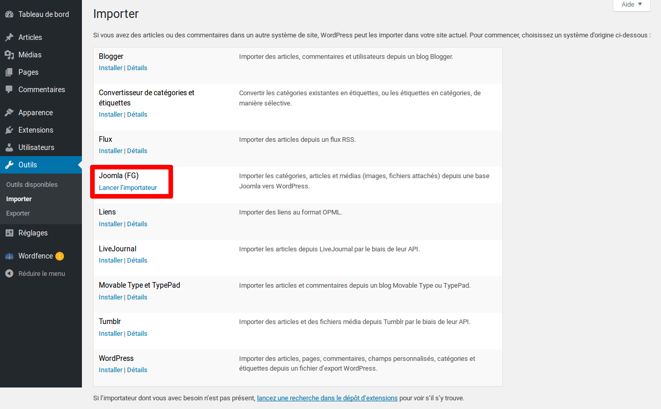 Migrer Joomla vers WordPress - Lancer l importateur