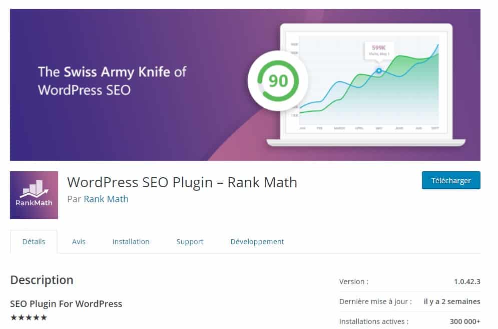 Fiche du plugin WordPress SEO Rank Math avec score 90