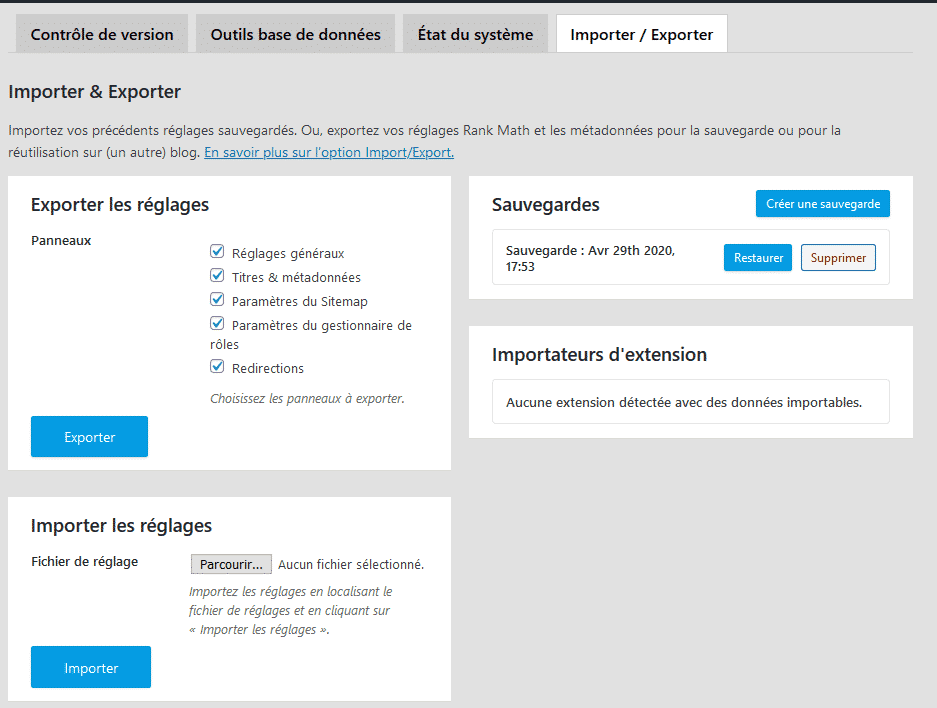 Panneau Status & tools de Rank Math