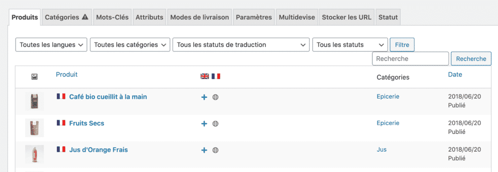 tableau de bord produit WPML WCML WooCommerce