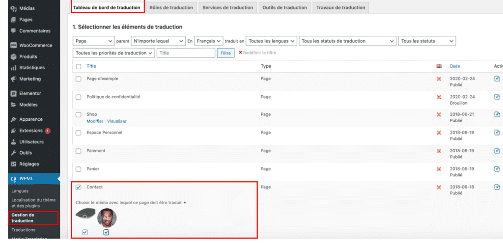 tableau de bord traduction wpml