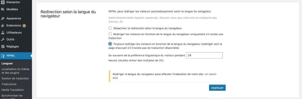 redirection basee sur la langue 
