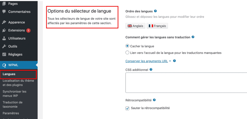 option selecteur de langue wpml