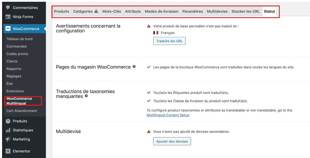 WooCommerce Mulitlingue WCML, configuration de la boutique et tableau de bord