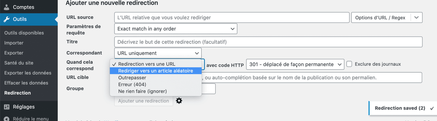 13. Ajouter Redirection Paramètres Avancés