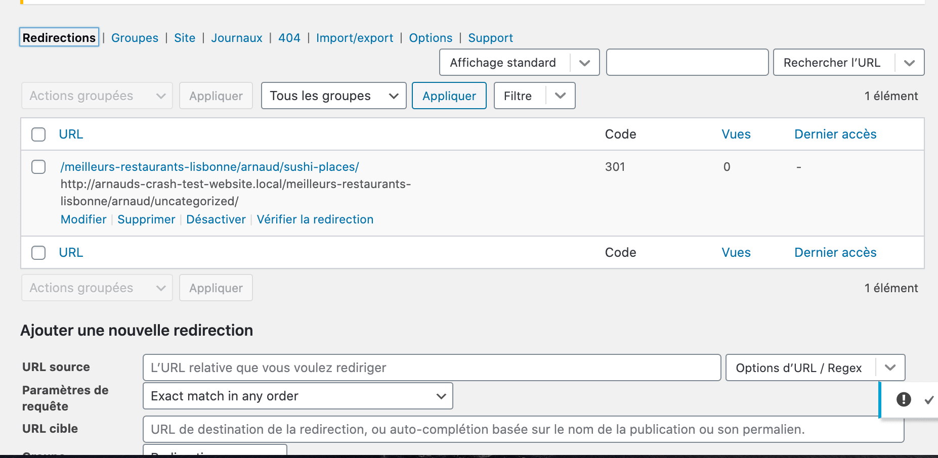 7. Panneau Redirections