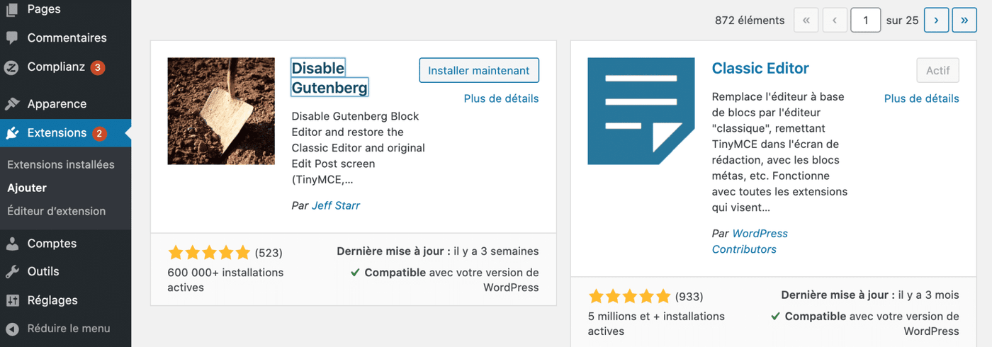 installer disable gutenberg