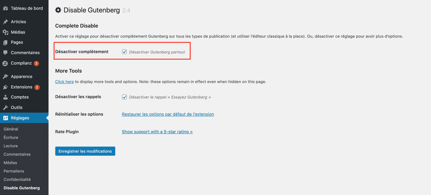 méthode 2 désactiver gutenberg