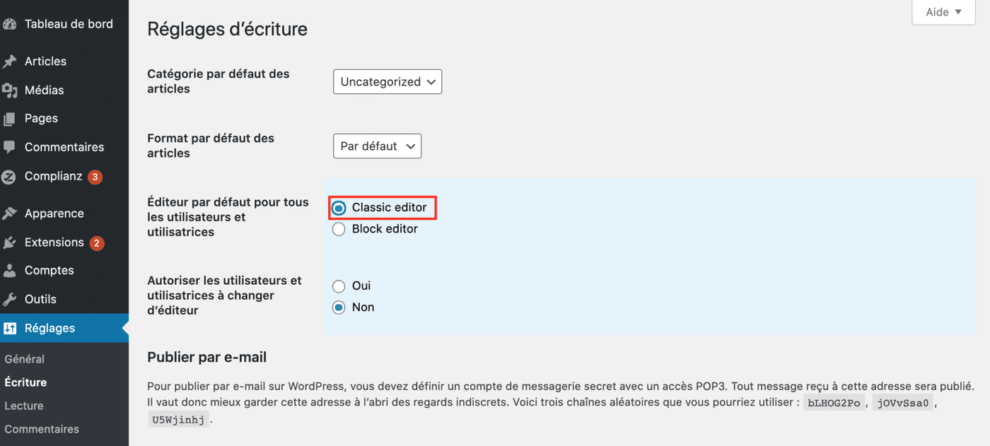 réglages classic editor