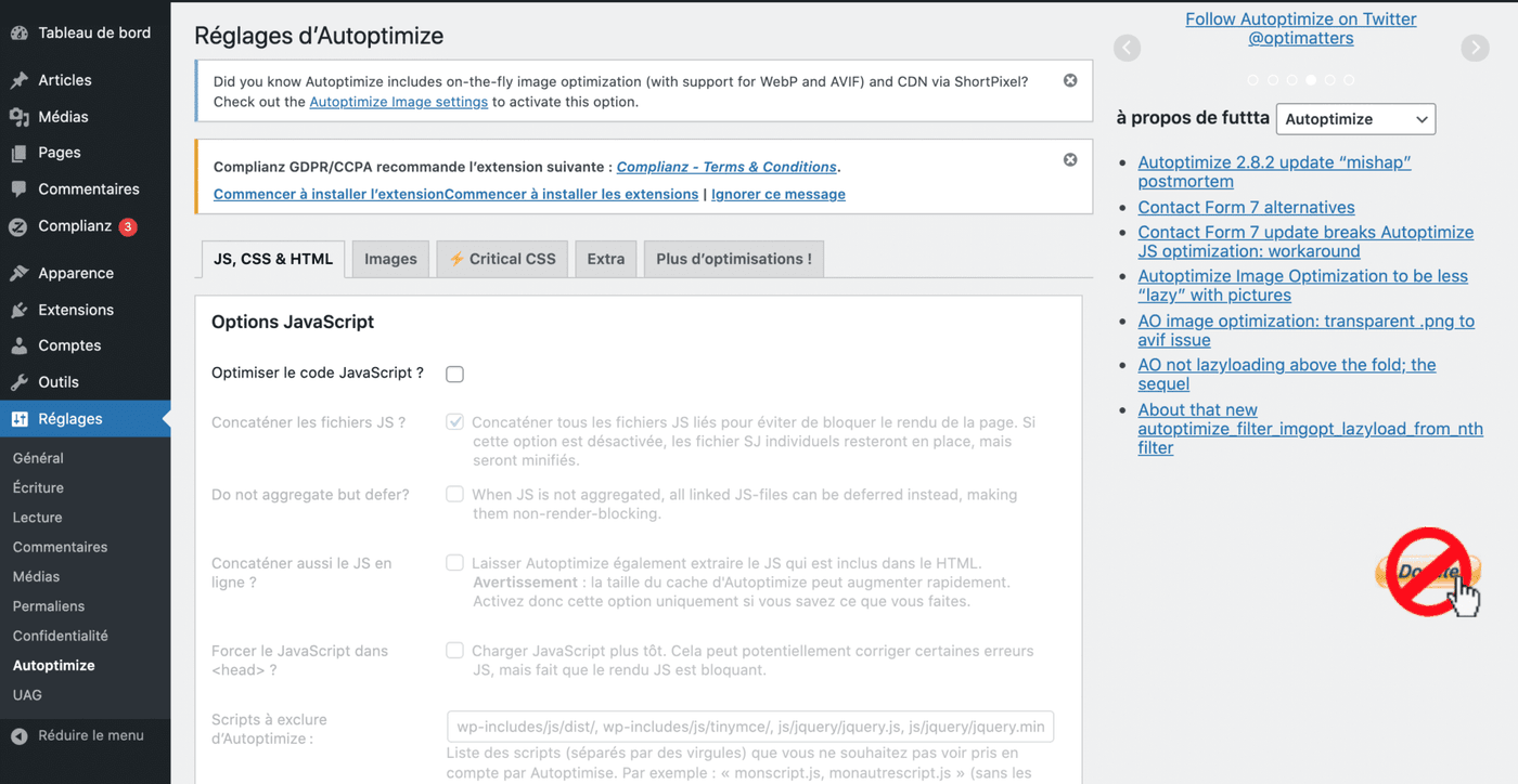 5 tableau de bord autoptimize