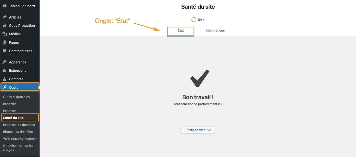 Onglet État de l'outil Santé du site WordPress avec score et résultats