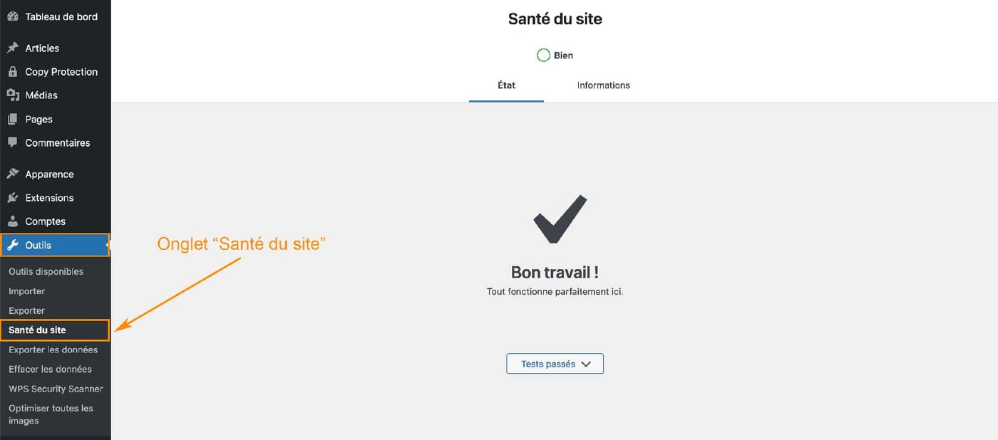 Accès à l'outil Santé du site dans l'administration WordPress