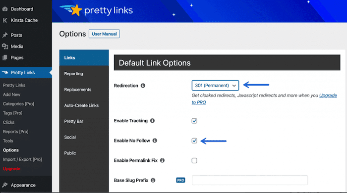 Extension pretty links - tableau de bord