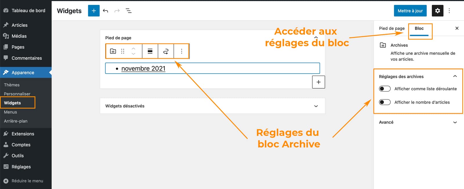 Les widgets disponibles sur WordPress