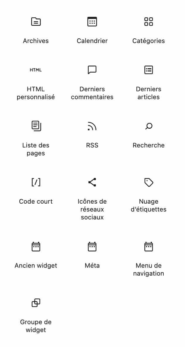 Widgets disponibles dans WordPress