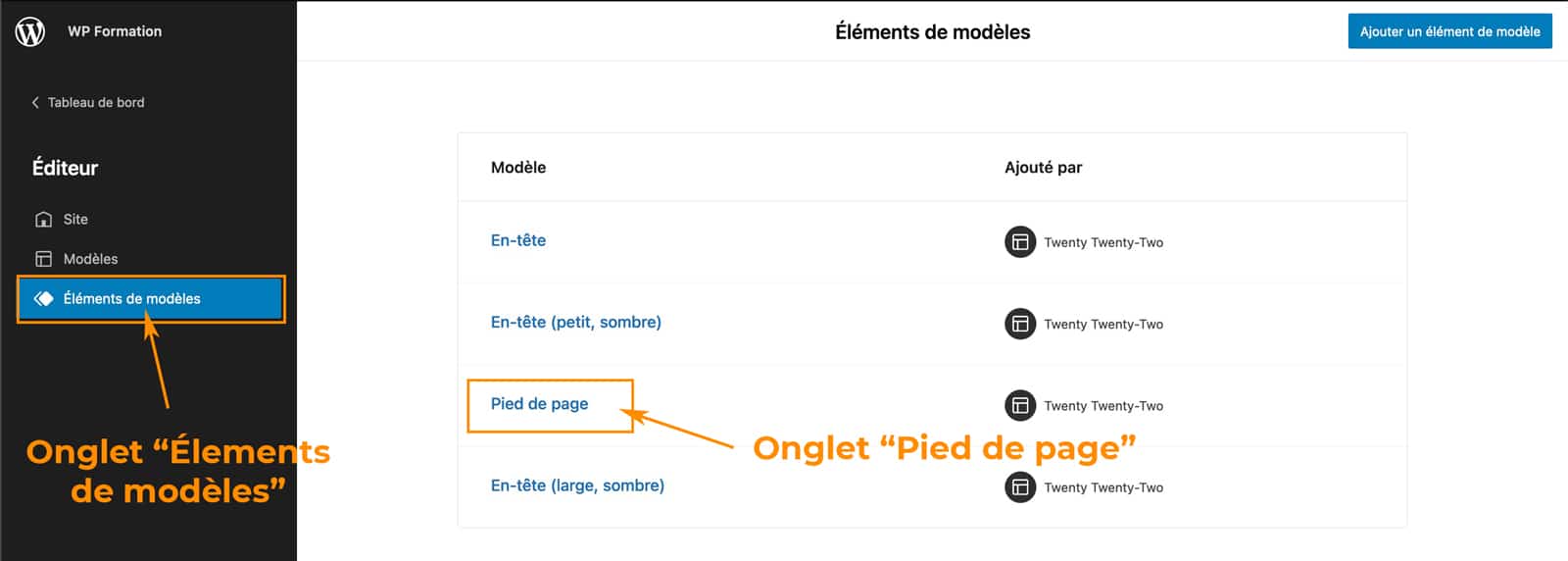 Pas à pas pour créer un pied de page avec le Full Site Editing