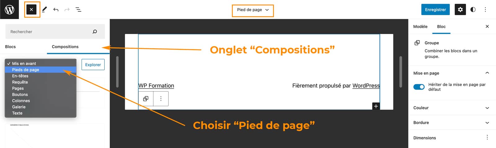 Pas à pas pour créer un pied de page avec le Full Site Editing
