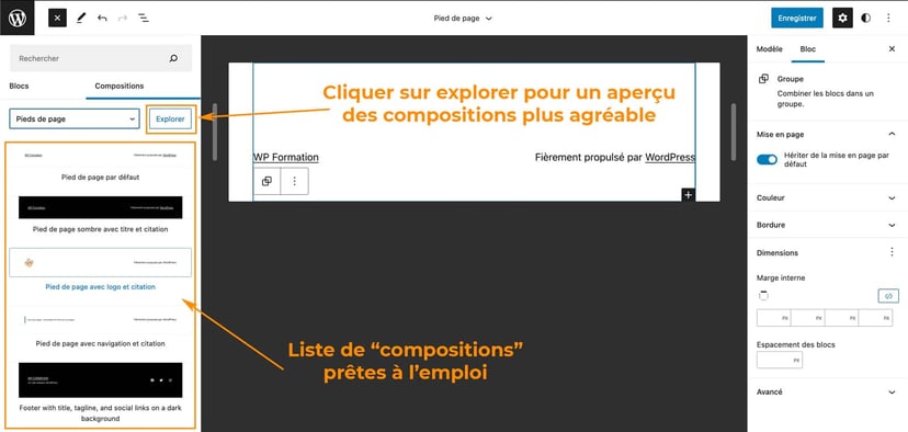 Pas à pas pour créer un pied de page avec le Full Site Editing
