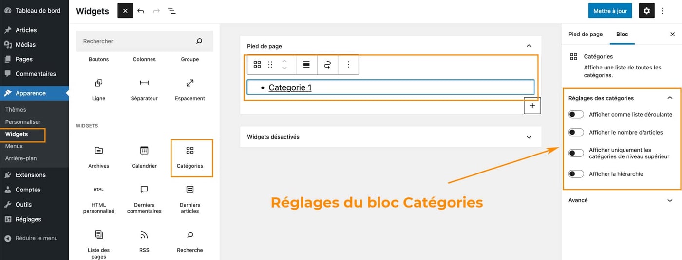 Les widgets disponibles sur WordPress