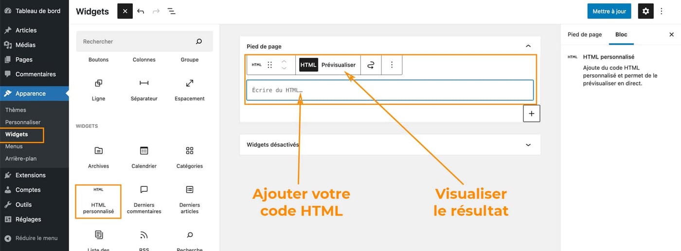 Les widgets disponibles sur WordPress