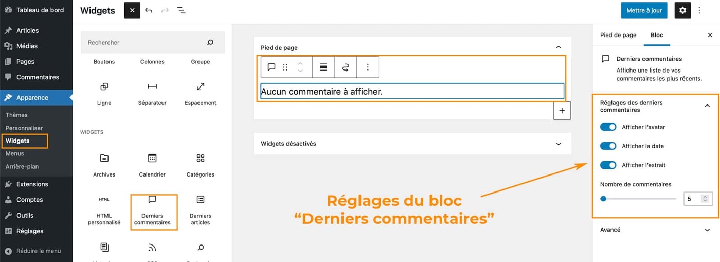Les widgets disponibles sur WordPress