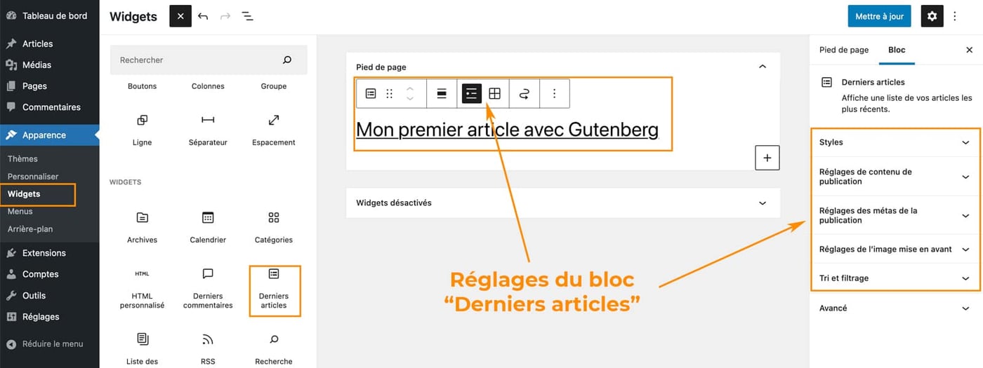 Les widgets disponibles sur WordPress
